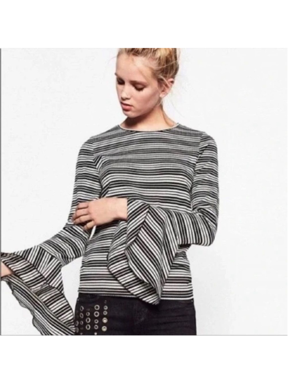 Zara Trafaluc Black/White Striped Bell Sleeve Top Size S